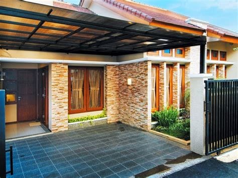 desain teras rumah batu alam menarik