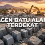 Featured image showing the stockyard of agen batu alam terdekat in Cirebon with stacks of andesite stone.