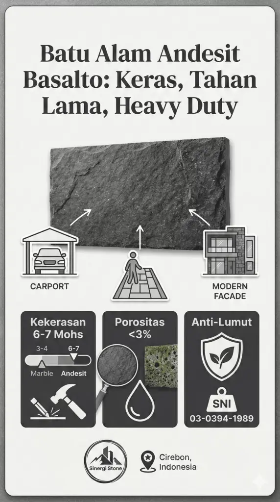 Infografis karakteristik Batu Alam Andesit Basalto: kekerasan 6-7 Mohs dan porositas rendah.