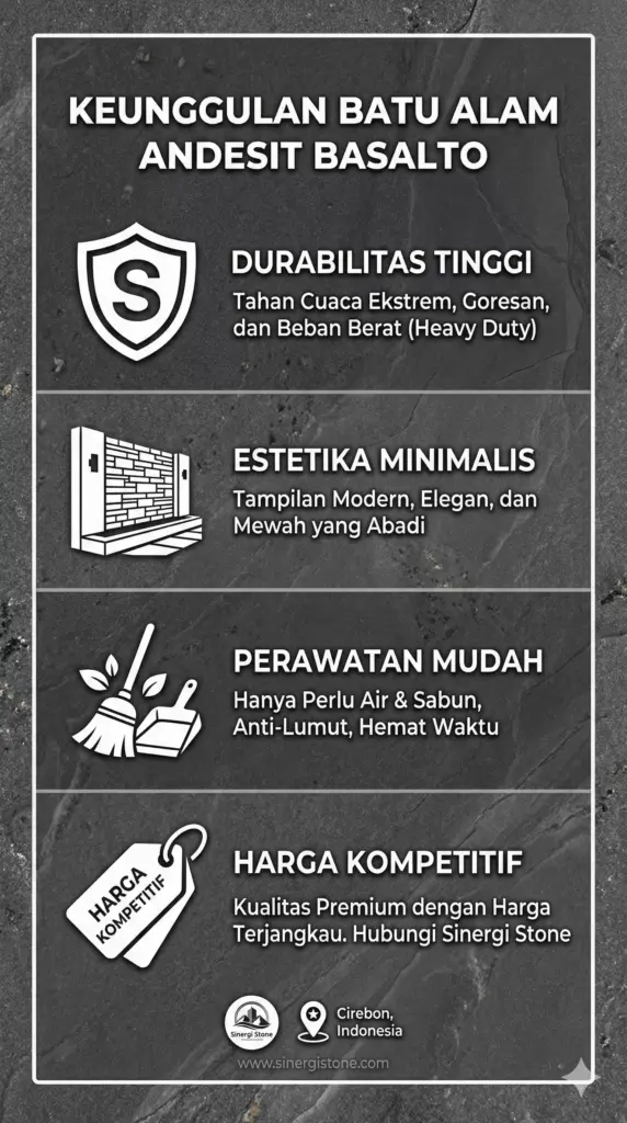 Infografis keunggulan Batu Alam Andesit Basalto: durabilitas dan harga kompetitif.