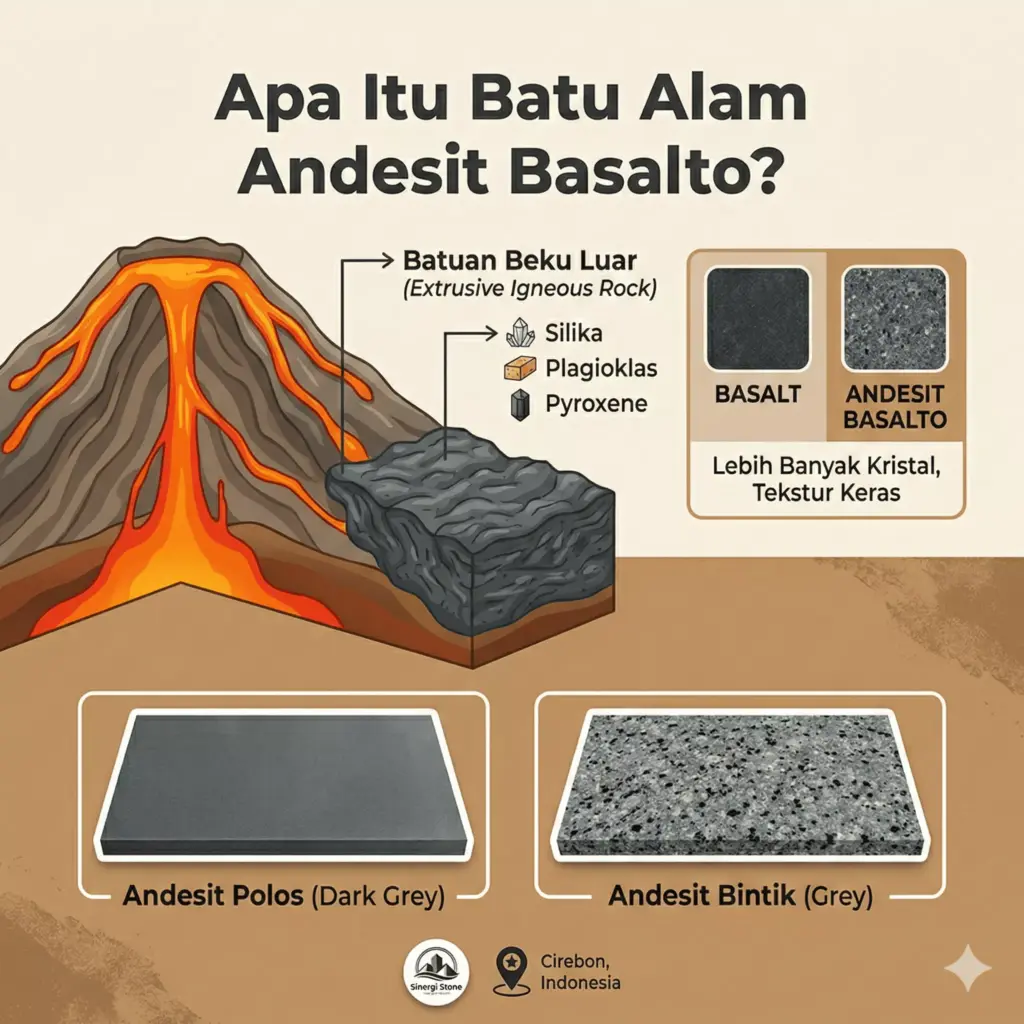Infografis pengertian dan varian Batu Alam Andesit Basalto polos dan bintik dari Sinergi Stone.