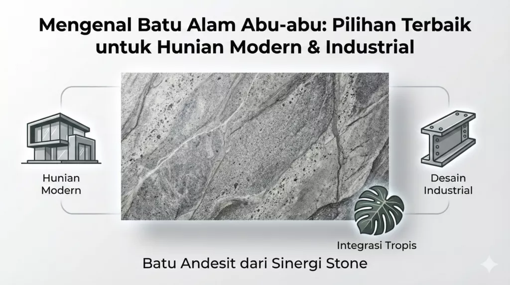 Infografis batu alam abu abu andesit untuk hunian modern industrial Sinergi Stone