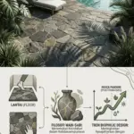 Infografis batu alam acak Crazy Paving untuk lantai dan dinding artistik dari Sinergi Stone Cirebon, inspirasi desain Biophilic natural.