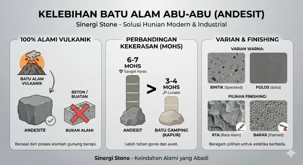 Infografis kelebihan batu alam abu abu andesit alami varian warna finishing RTA bakar