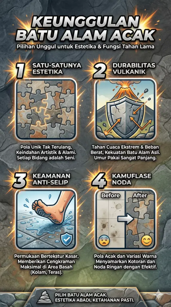 Infografis 4 keunggulan utama batu alam acak: unik, tahan lama, anti-slip, kamufase noda untuk lantai dinding.