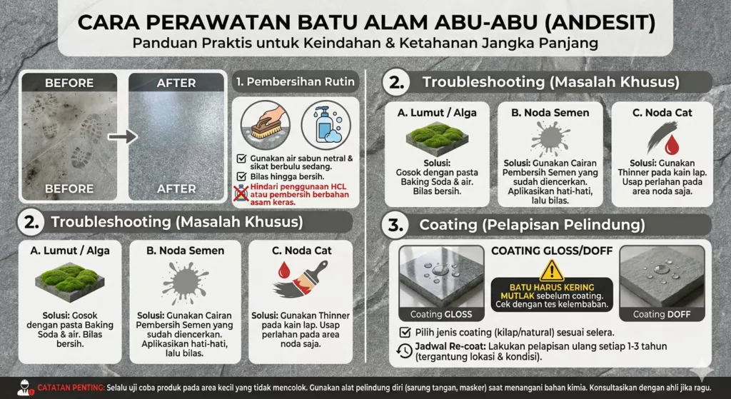 Infografis cara perawatan batu alam abu abu pembersihan noda coating tahan lama