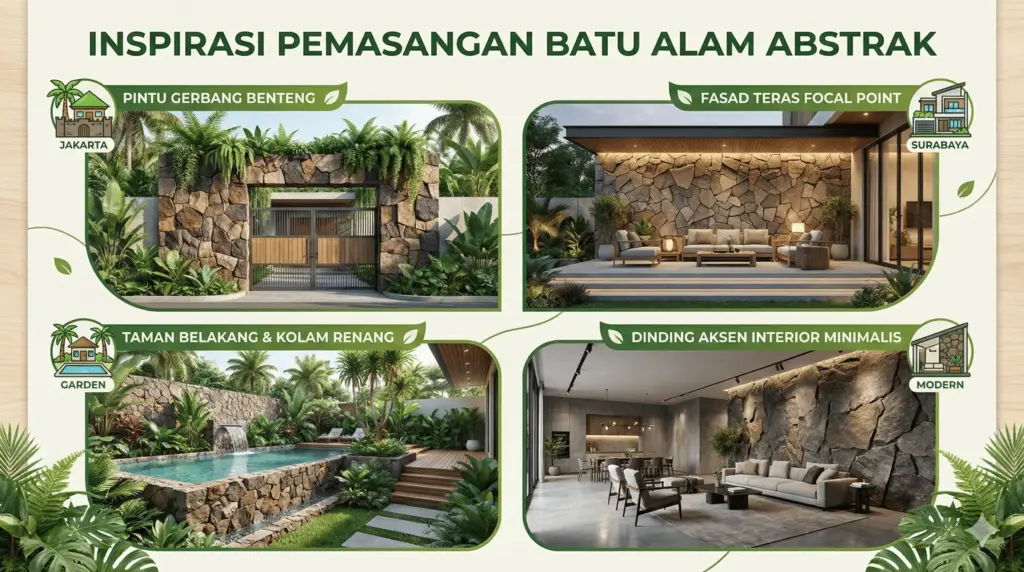 Inspirasi pemasangan batu alam abstrak pada pagar, fasad, taman, dan interior rumah.