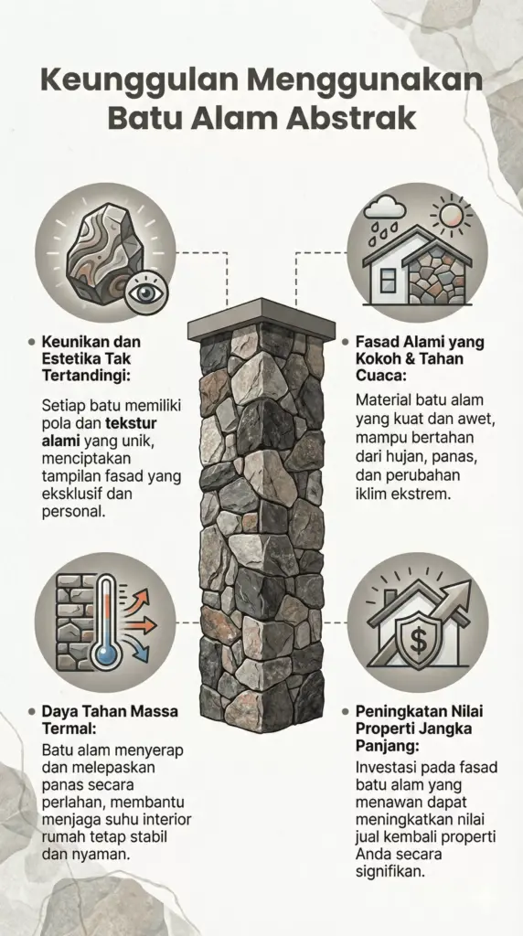 Keunggulan batu alam abstrak: unik, kokoh, tahan cuaca, dan tingkatkan nilai properti.