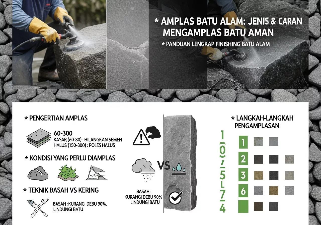 Infografis lengkap amplas batu alam: jenis grit kasar halus, teknik basah kering, langkah pengamplasan aman untuk batu andesit dan finishing RTM Sinergi Stone