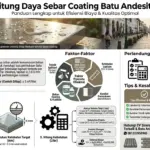 Infografis lengkap cara menghitung daya sebar coating batu andesit untuk efisiensi proyek renovasi dengan contoh rumus, faktor, dan tips dari CV Sinergi Stone Cirebon.